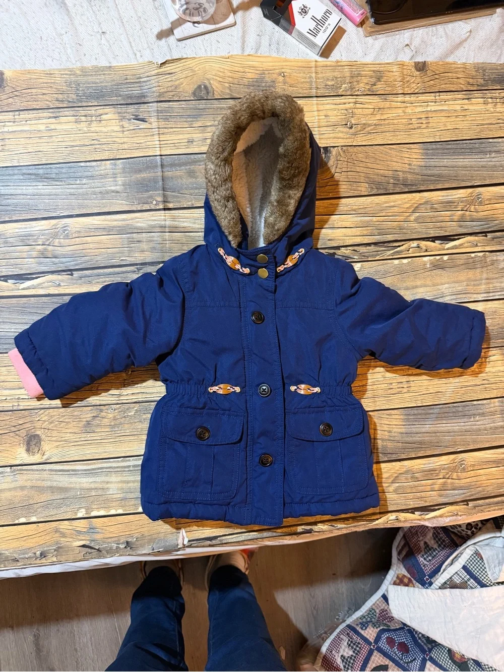 Carter's‎ Navy Blue Hooded Pea Coat with Faux Fur Trim